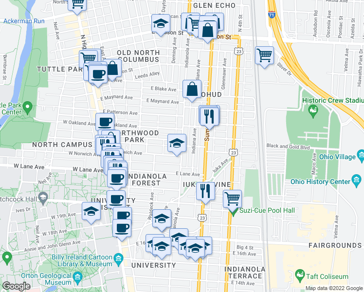 map of restaurants, bars, coffee shops, grocery stores, and more near Indianola Ave & E Northwood Ave in Columbus
