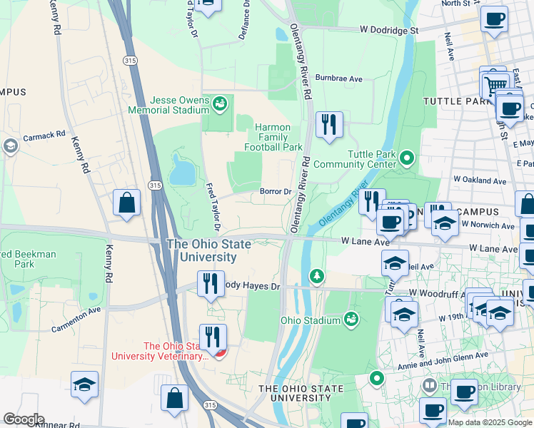 map of restaurants, bars, coffee shops, grocery stores, and more near 555 Borror Drive in Columbus