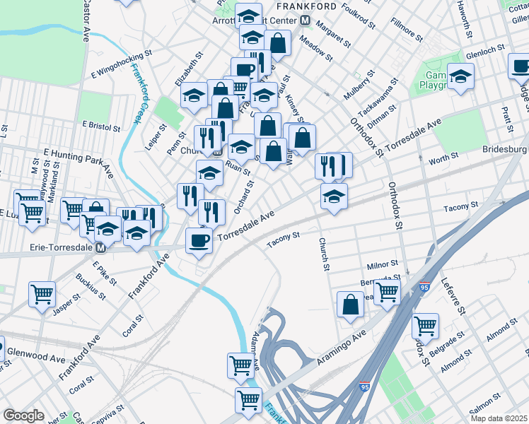 map of restaurants, bars, coffee shops, grocery stores, and more near 1931 Auth Street in Philadelphia