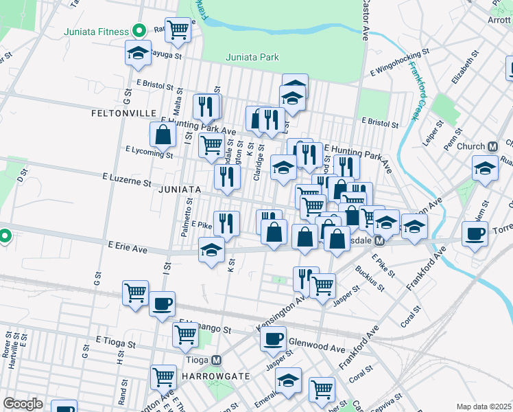 map of restaurants, bars, coffee shops, grocery stores, and more near 1224 East Luzerne Street in Philadelphia