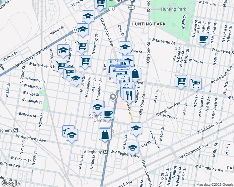 map of restaurants, bars, coffee shops, grocery stores, and more near N Broad St & W Venango St in Philadelphia