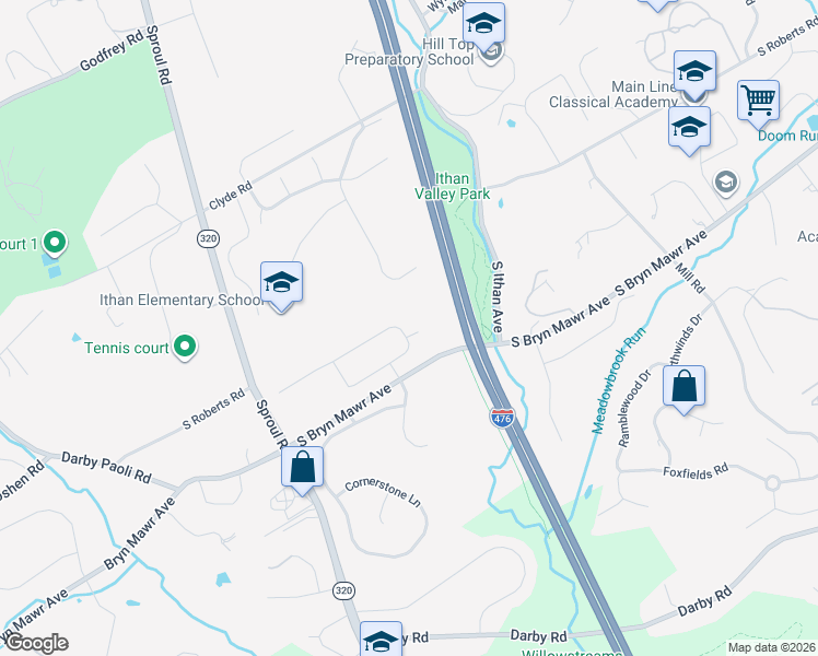 map of restaurants, bars, coffee shops, grocery stores, and more near 607 Heather Lane in Bryn Mawr