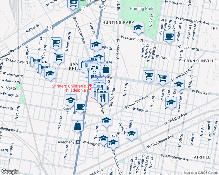 map of restaurants, bars, coffee shops, grocery stores, and more near 3619 North Camac Street in Philadelphia