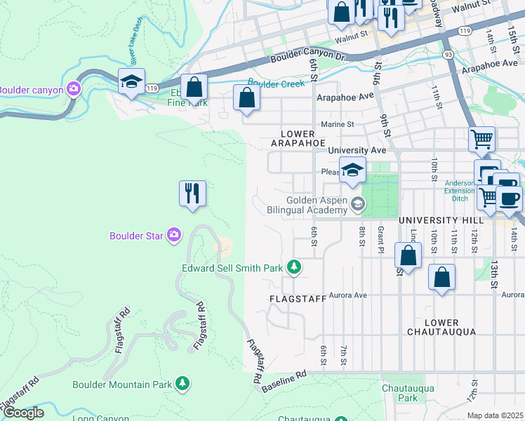 map of restaurants, bars, coffee shops, grocery stores, and more near 430 College Avenue in Boulder