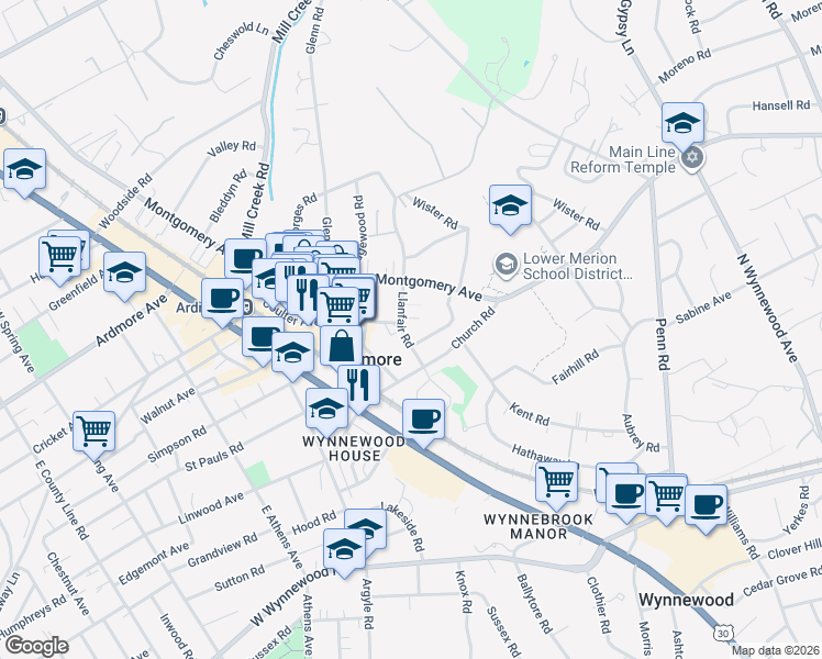 map of restaurants, bars, coffee shops, grocery stores, and more near 47 Llanfair Road in Ardmore