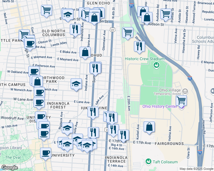 map of restaurants, bars, coffee shops, grocery stores, and more near 2165 North 4th Street in Columbus