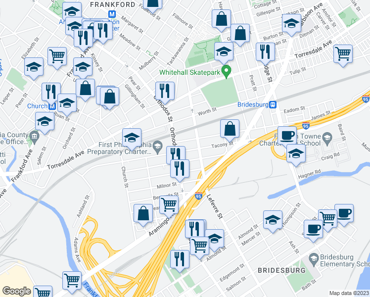 map of restaurants, bars, coffee shops, grocery stores, and more near 4622 Tacony Street in Philadelphia