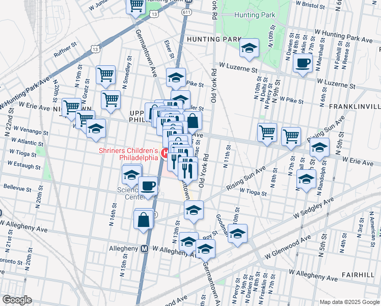 map of restaurants, bars, coffee shops, grocery stores, and more near 3611 North 13th Street in Philadelphia