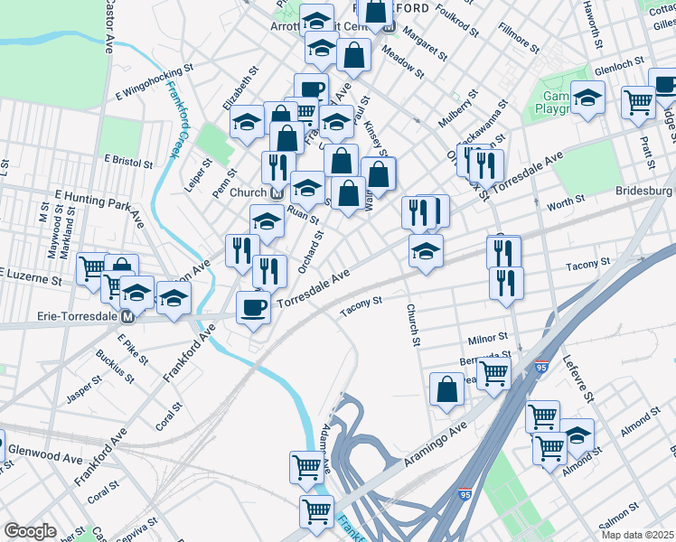 map of restaurants, bars, coffee shops, grocery stores, and more near 1931 Auth Street in Philadelphia