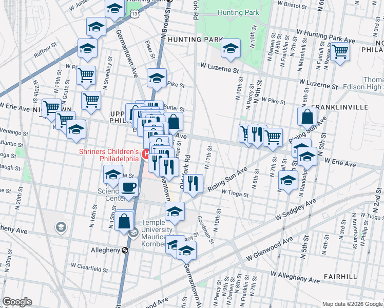 map of restaurants, bars, coffee shops, grocery stores, and more near 3638 North Marvine Street in Philadelphia