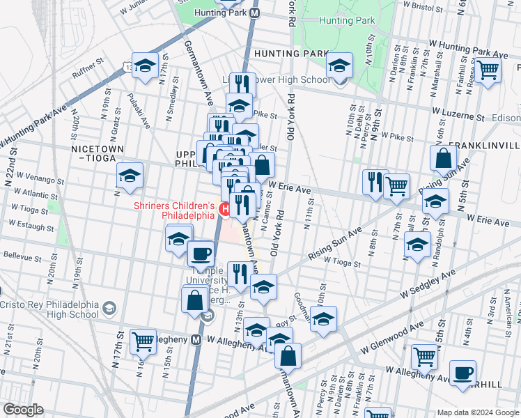 map of restaurants, bars, coffee shops, grocery stores, and more near 3611 North 13th Street in Philadelphia