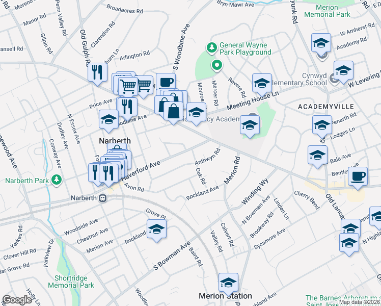 map of restaurants, bars, coffee shops, grocery stores, and more near 502 Haverford Avenue in Narberth