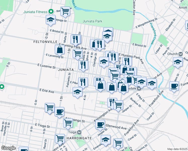 map of restaurants, bars, coffee shops, grocery stores, and more near 1224 East Luzerne Street in Philadelphia