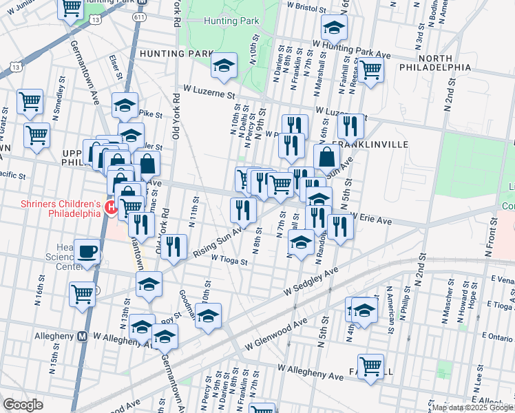 map of restaurants, bars, coffee shops, grocery stores, and more near 816 West Erie Avenue in Philadelphia