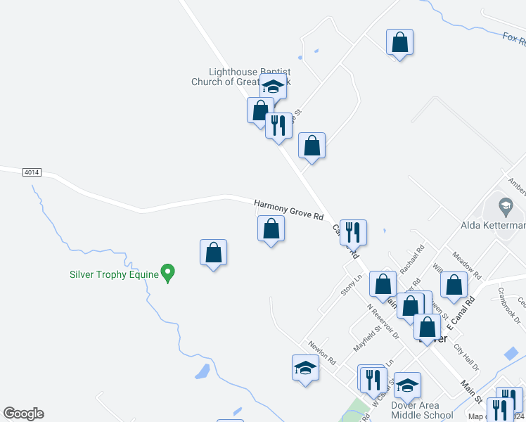 map of restaurants, bars, coffee shops, grocery stores, and more near 4910 Harmony Grove Road in Dover
