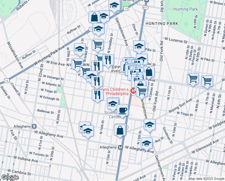 map of restaurants, bars, coffee shops, grocery stores, and more near 3546 North Sydenham Street in Philadelphia