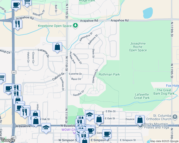 map of restaurants, bars, coffee shops, grocery stores, and more near 304 Biscayne Court in Lafayette