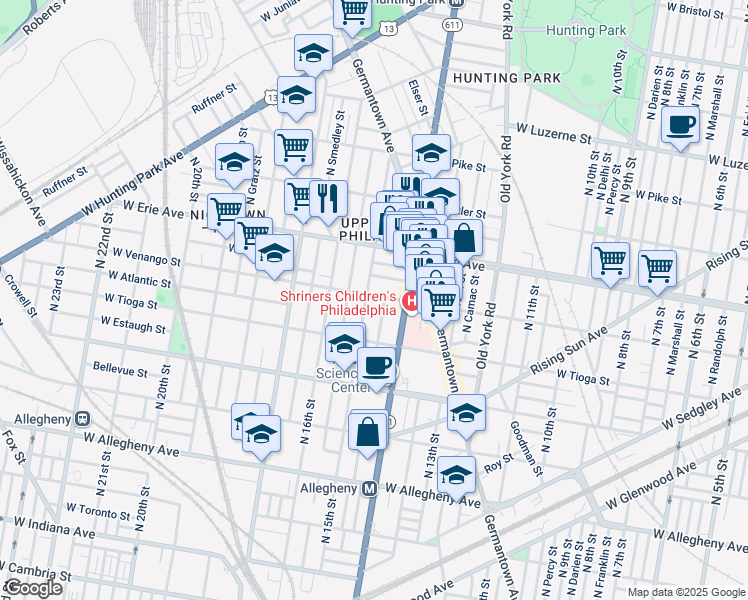 map of restaurants, bars, coffee shops, grocery stores, and more near 1432 West Venango Street in Philadelphia