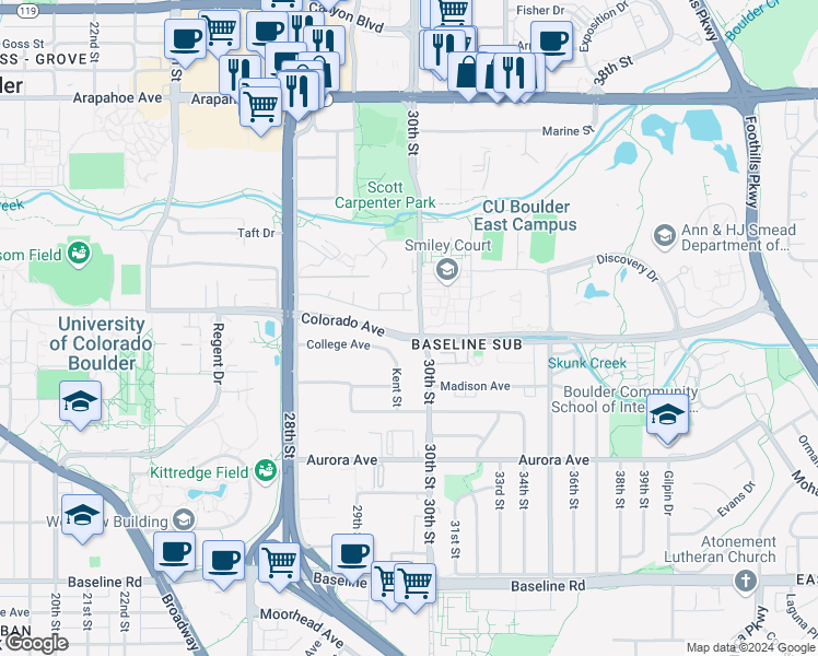 map of restaurants, bars, coffee shops, grocery stores, and more near in Boulder