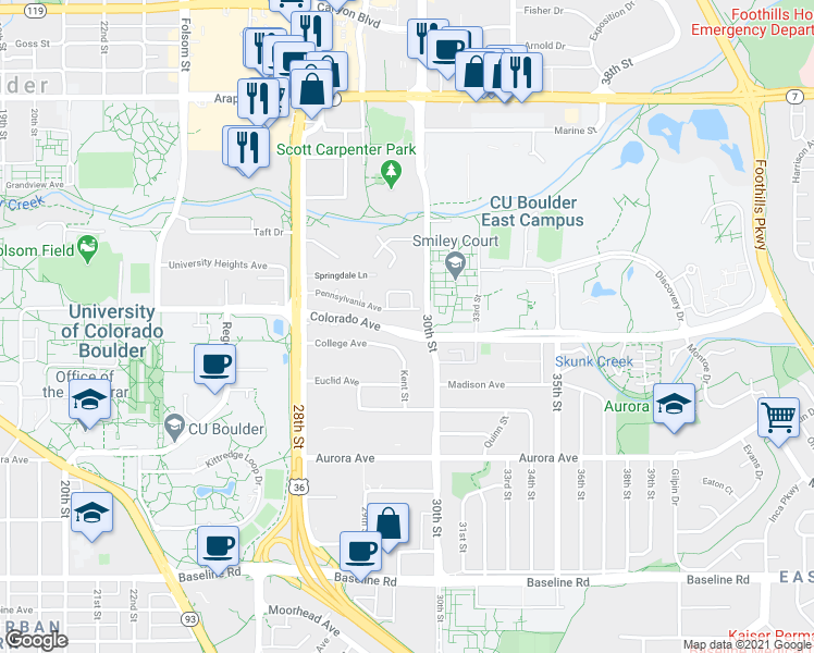 map of restaurants, bars, coffee shops, grocery stores, and more near 3010 Pennsylvania Avenue in Boulder