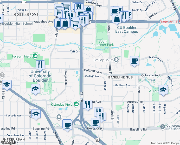 map of restaurants, bars, coffee shops, grocery stores, and more near 2920 Pennsylvania Avenue in Boulder