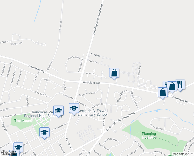 map of restaurants, bars, coffee shops, grocery stores, and more near 4 Amy Court in Mount Holly