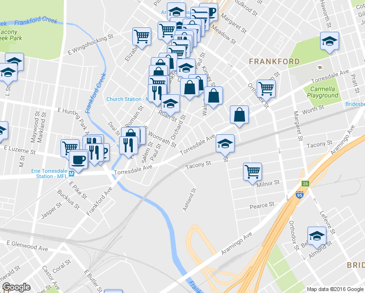 map of restaurants, bars, coffee shops, grocery stores, and more near 4210 Tackawanna Street in Philadelphia