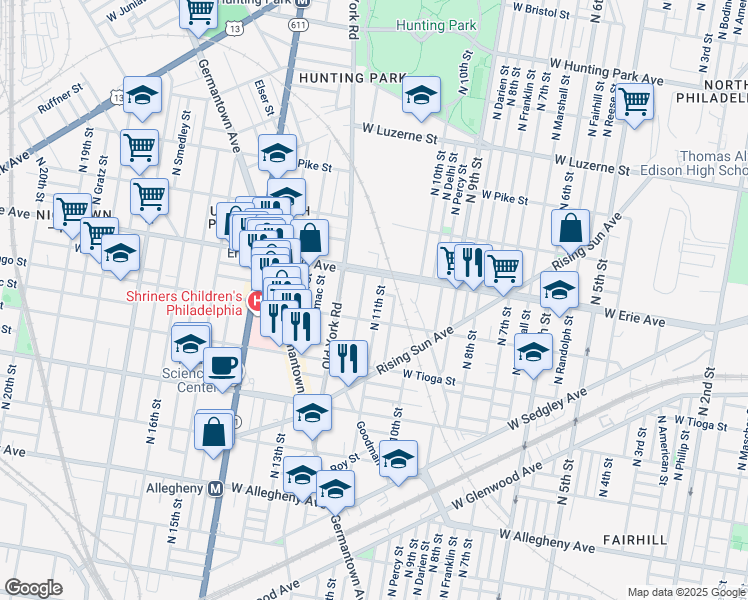 map of restaurants, bars, coffee shops, grocery stores, and more near 3638 North Marvine Street in Philadelphia