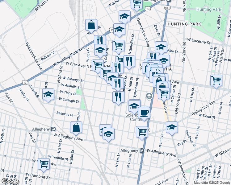 map of restaurants, bars, coffee shops, grocery stores, and more near 1722 West Venango Street in Philadelphia