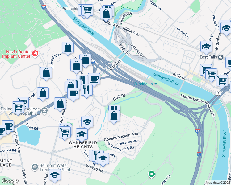 map of restaurants, bars, coffee shops, grocery stores, and more near 3902 City Avenue in Philadelphia