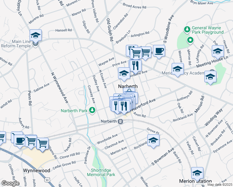 map of restaurants, bars, coffee shops, grocery stores, and more near 224 Forrest Avenue in Narberth
