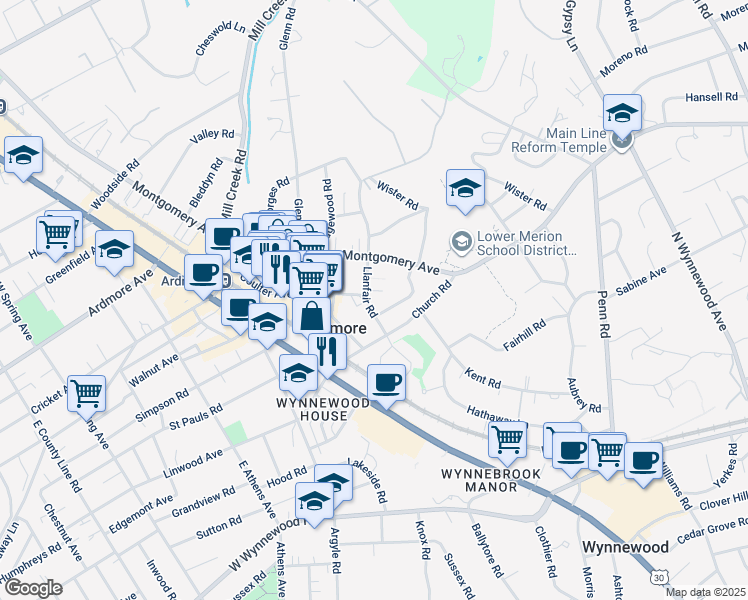 map of restaurants, bars, coffee shops, grocery stores, and more near 47 Llanfair Road in Ardmore