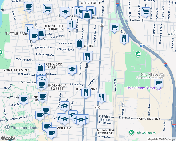 map of restaurants, bars, coffee shops, grocery stores, and more near 2181 Summit Street in Columbus
