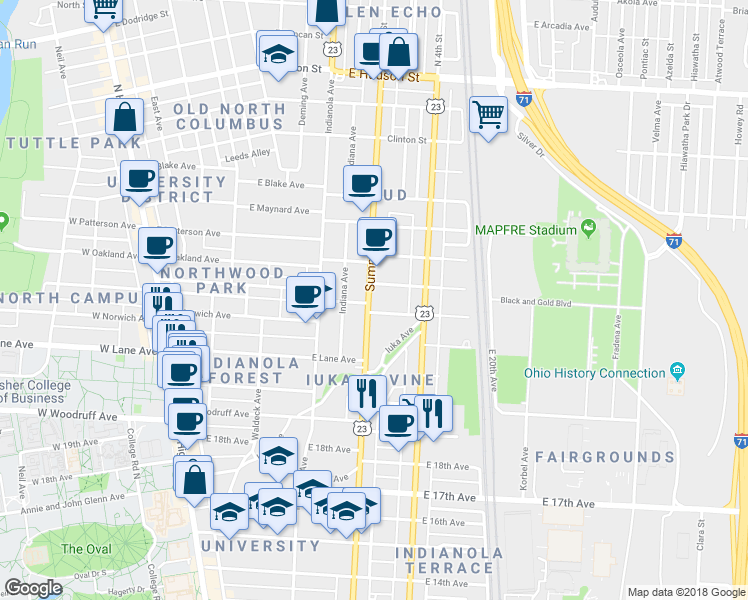 map of restaurants, bars, coffee shops, grocery stores, and more near 2181 Summit Street in Columbus