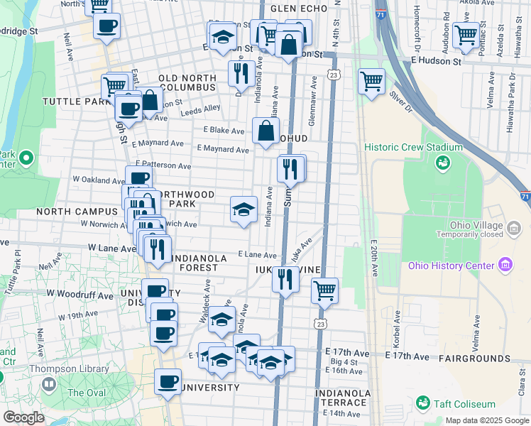 map of restaurants, bars, coffee shops, grocery stores, and more near in Columbus