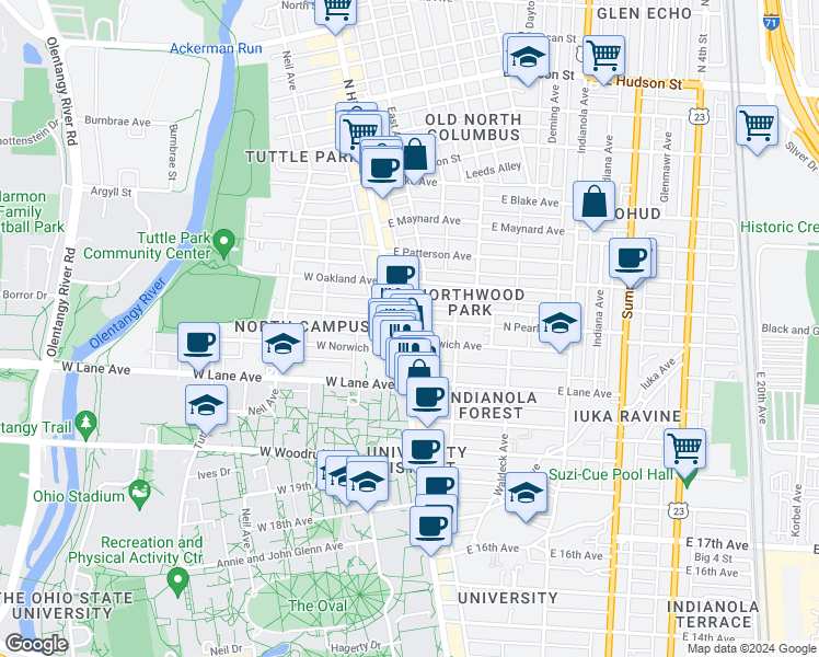 map of restaurants, bars, coffee shops, grocery stores, and more near 39 East Northwood Avenue in Columbus