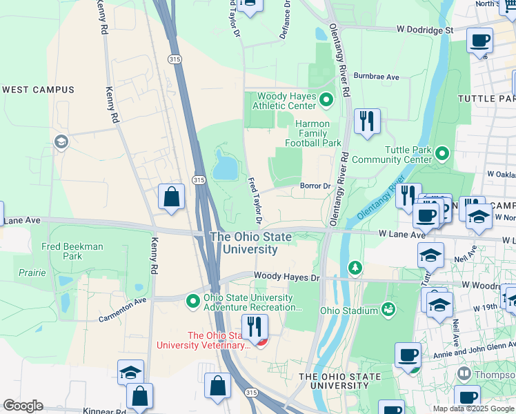 map of restaurants, bars, coffee shops, grocery stores, and more near 2201 Fred Taylor Drive in Columbus