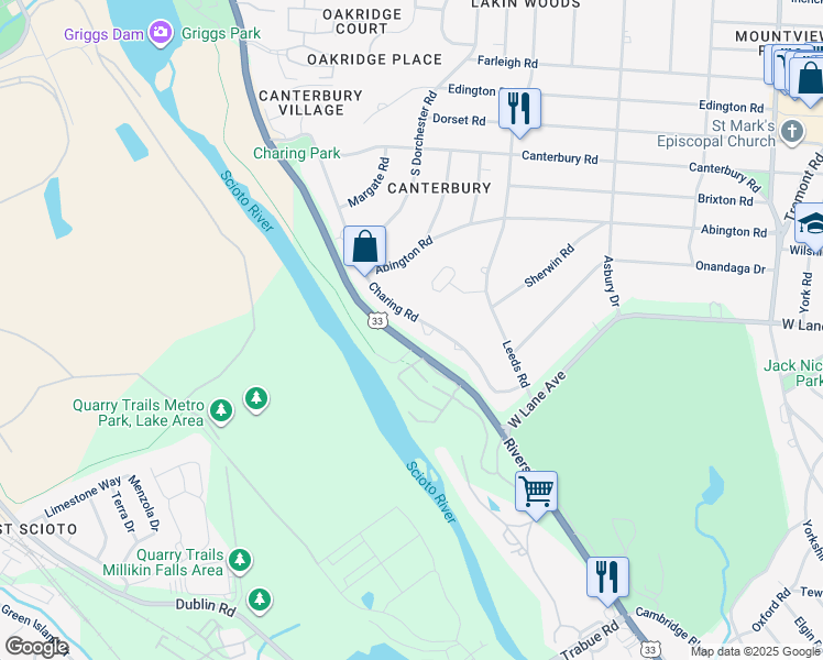 map of restaurants, bars, coffee shops, grocery stores, and more near 2642 Charing Road in Columbus