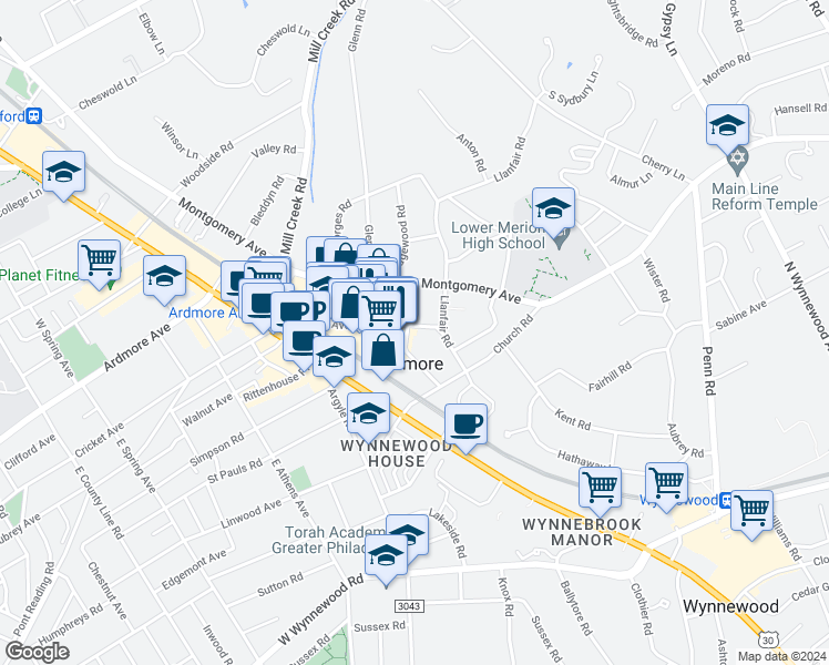 map of restaurants, bars, coffee shops, grocery stores, and more near 130 Coulter Avenue in Ardmore