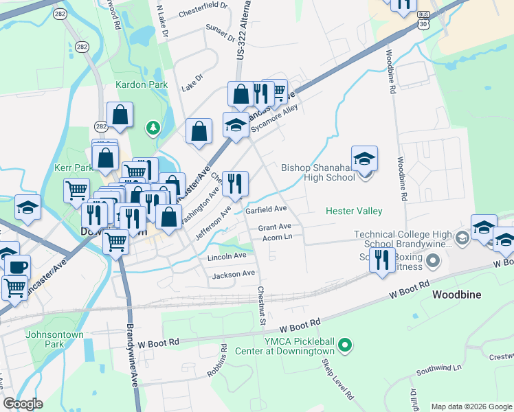 map of restaurants, bars, coffee shops, grocery stores, and more near 413 Garfield Avenue in Downingtown