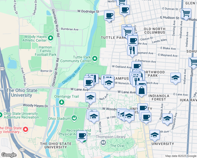map of restaurants, bars, coffee shops, grocery stores, and more near 232 Turpie Street in Columbus