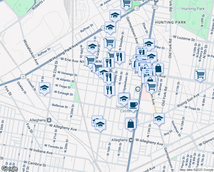 map of restaurants, bars, coffee shops, grocery stores, and more near 1630 West Venango Street in Philadelphia