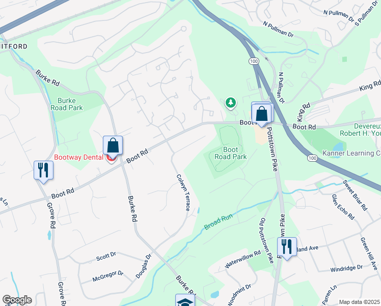 map of restaurants, bars, coffee shops, grocery stores, and more near 214 Colwyn Terrace in West Chester
