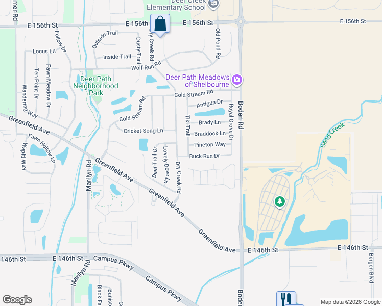 map of restaurants, bars, coffee shops, grocery stores, and more near 12574 Buck Run Drive in Noblesville
