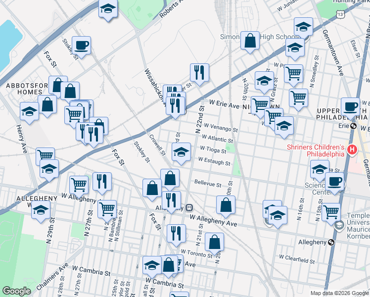 map of restaurants, bars, coffee shops, grocery stores, and more near 2230 West Tioga Street in Philadelphia
