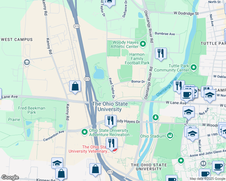 map of restaurants, bars, coffee shops, grocery stores, and more near 2201 Fred Taylor Drive in Columbus
