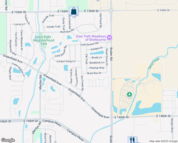 map of restaurants, bars, coffee shops, grocery stores, and more near 12594 Buck Run Drive in Noblesville