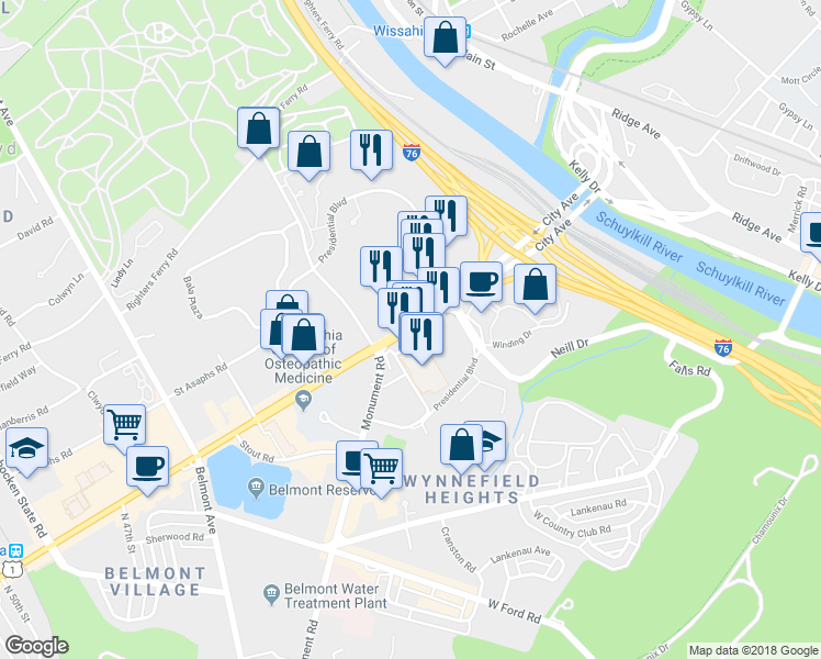 map of restaurants, bars, coffee shops, grocery stores, and more near 4040 East City Avenue in Philadelphia
