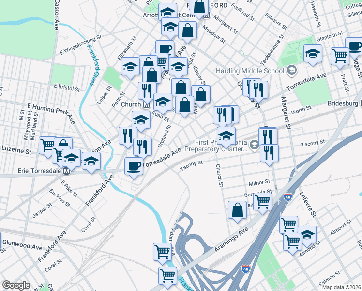 map of restaurants, bars, coffee shops, grocery stores, and more near 1946 Ruan Street in Philadelphia
