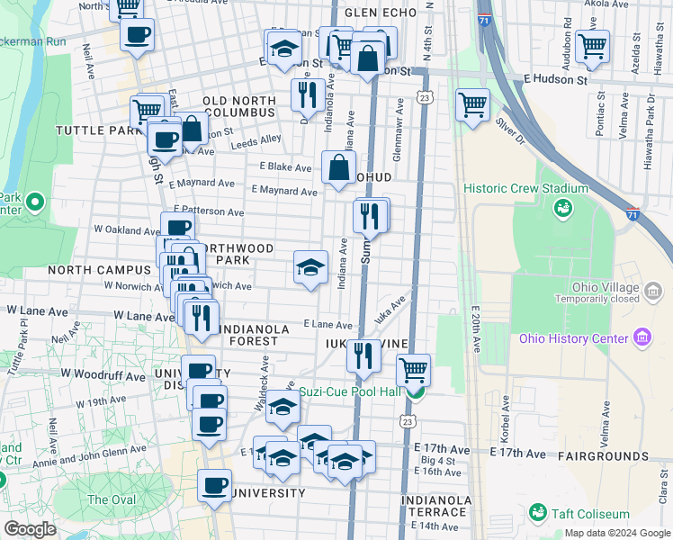 map of restaurants, bars, coffee shops, grocery stores, and more near in Columbus